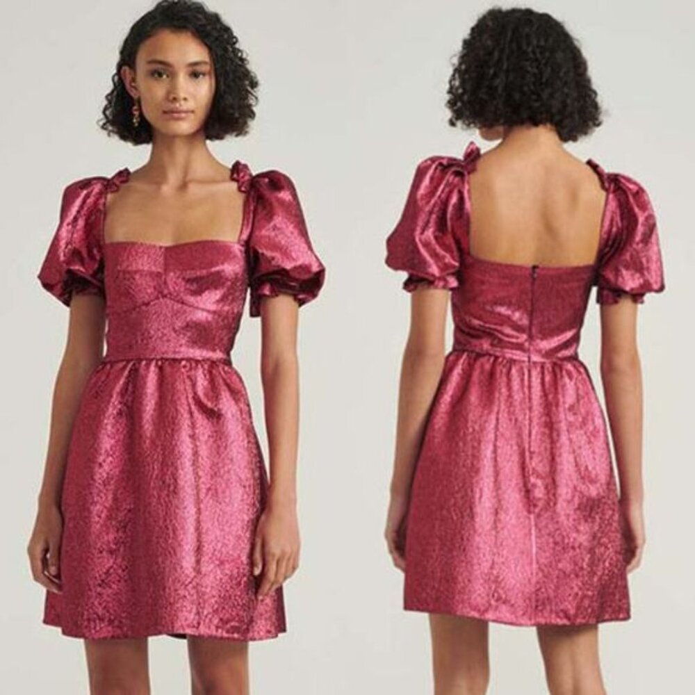 Saloni Rachel-D Lined Puff Sleeve Ruffle Trim Mini Dress Metallic Pink Size:8